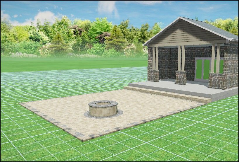 A stone pavilion with a fire pit on a gravel patio, set in a green field with trees in the background.