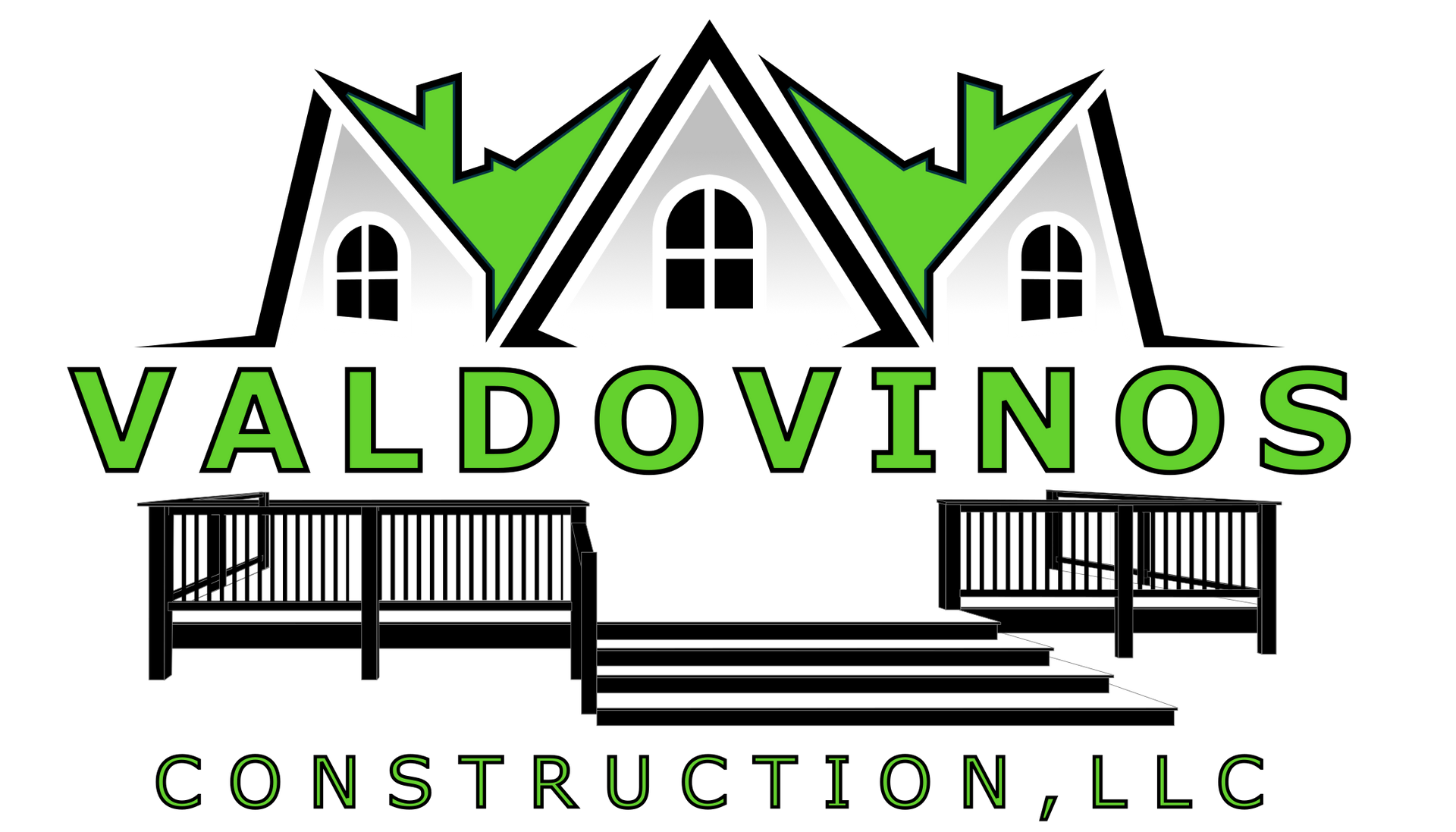 Logo for Valdovinos Construction, LLC, featuring green roofed houses, a deck and steps, and company name.