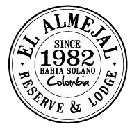 Logo for El Almejal Reserve & Lodge, established 1982 in Bahia Solano, Colombia; circular design.