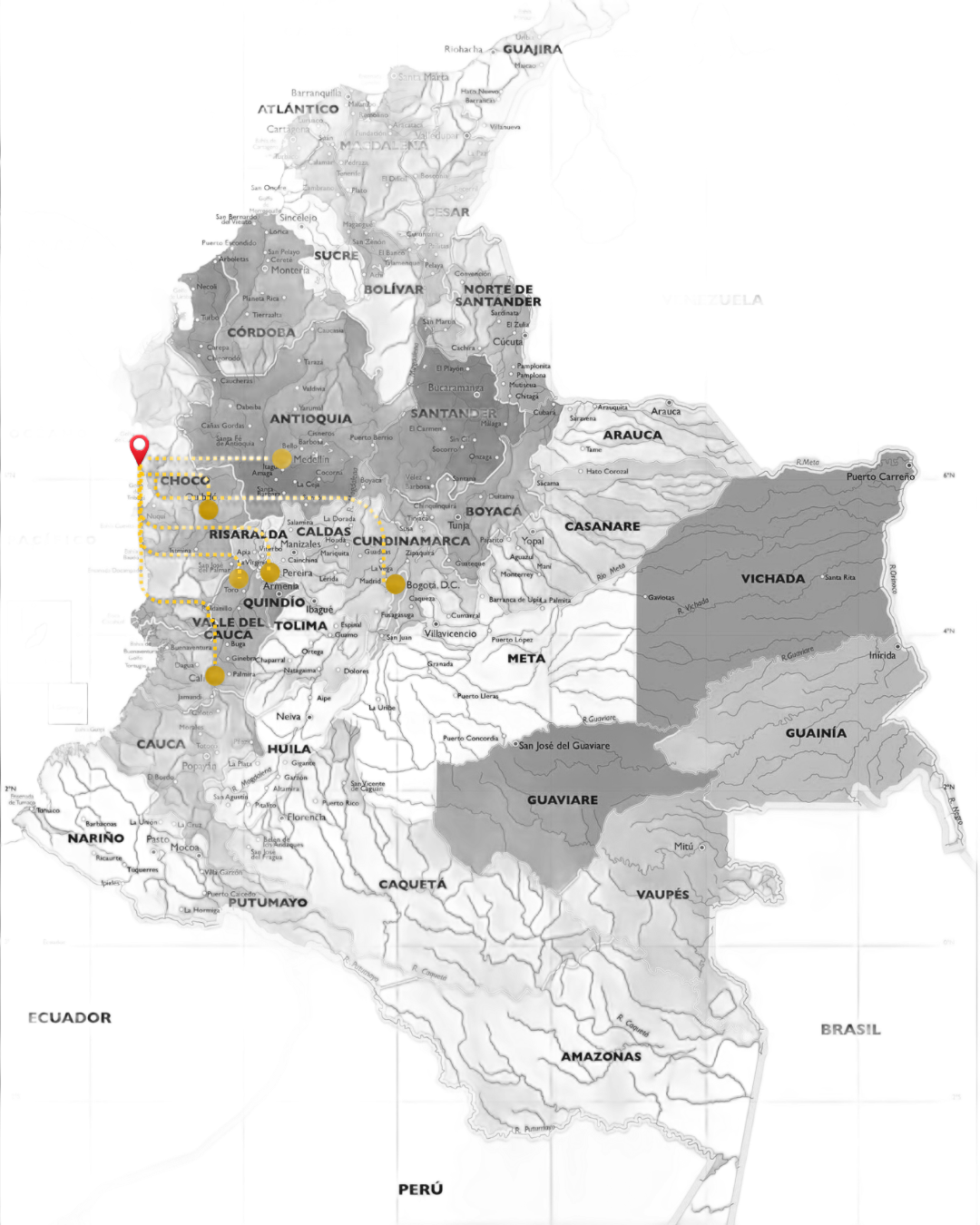 Grayscale map with shaded regions and several colored location pins marking sites in western Colombia