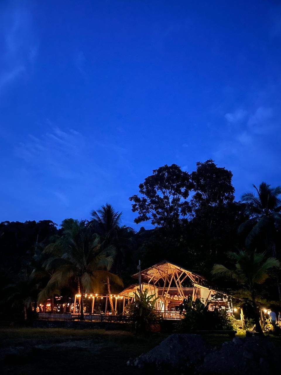 Tropical resort at dusk with lit huts and palm trees under a deep blue sky