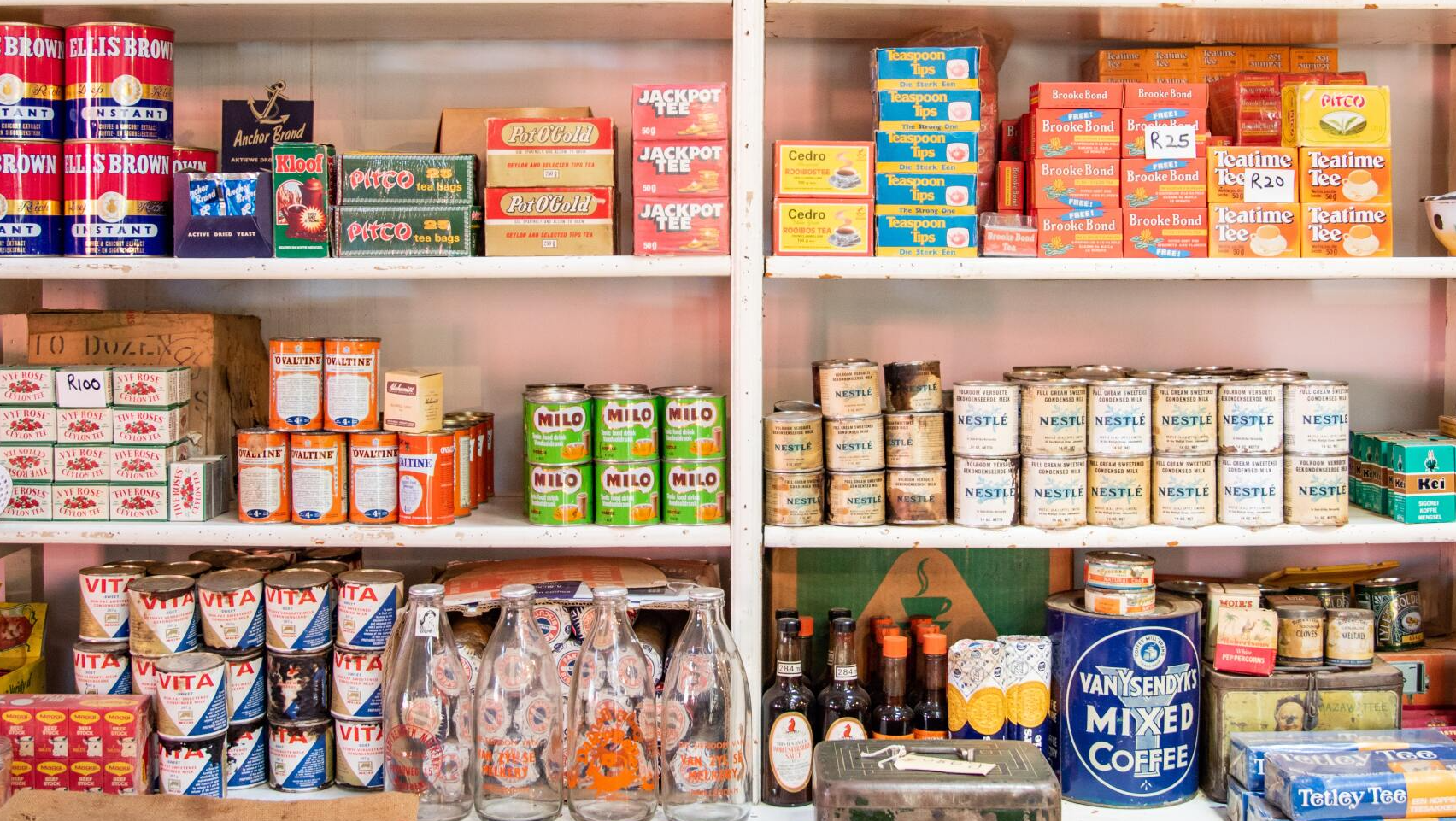 shelves filled with boxed and canned goods