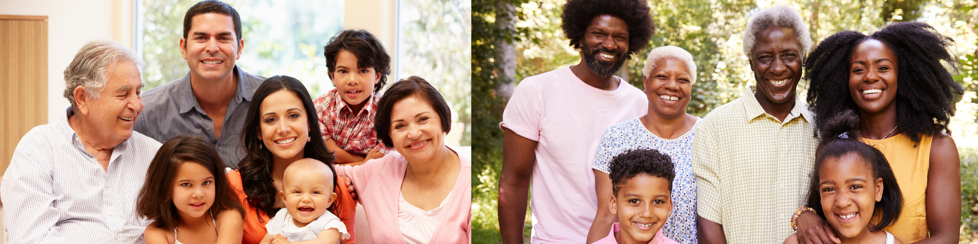 Group of smiling people posing together in a colorful indoor family portrait