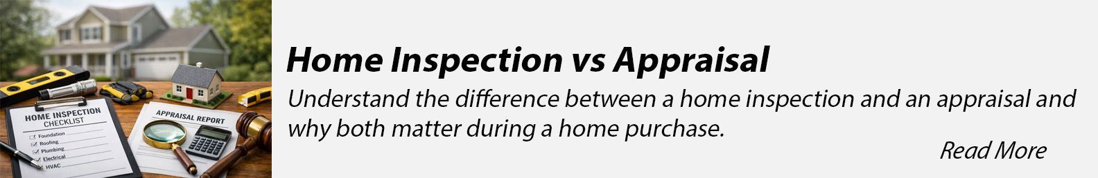Home inspection checklist and appraisal report on a table with magnifying glass, calculator, tools, and a house model in front of a home