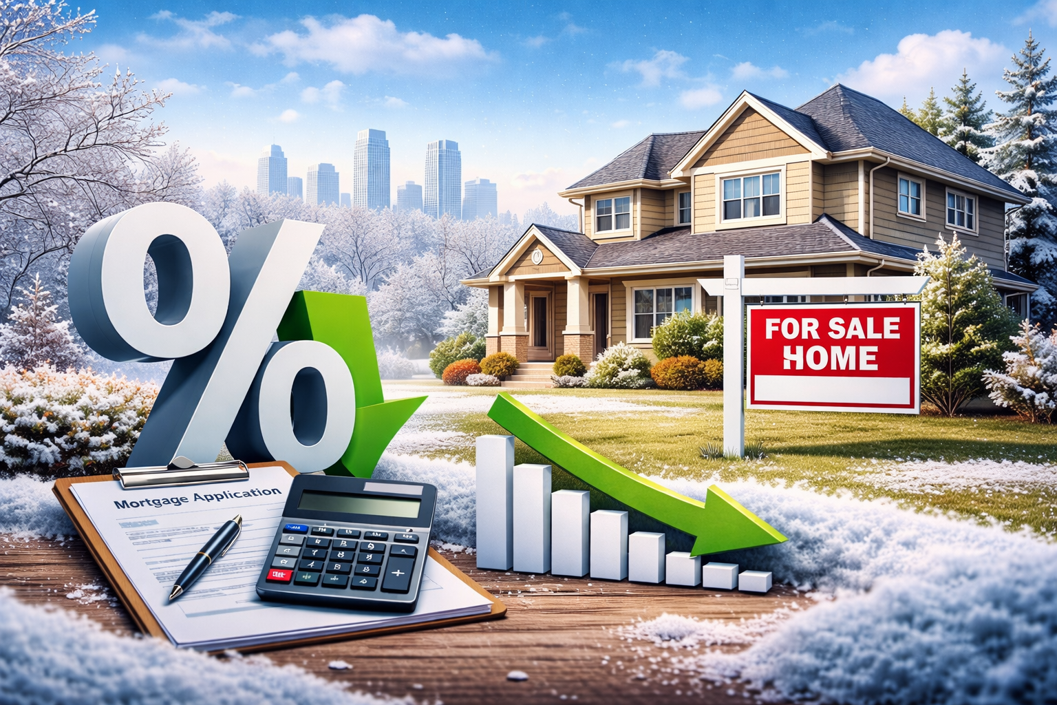 Residential home with for sale sign and mortgage-related icons representing mortgage interest rate t