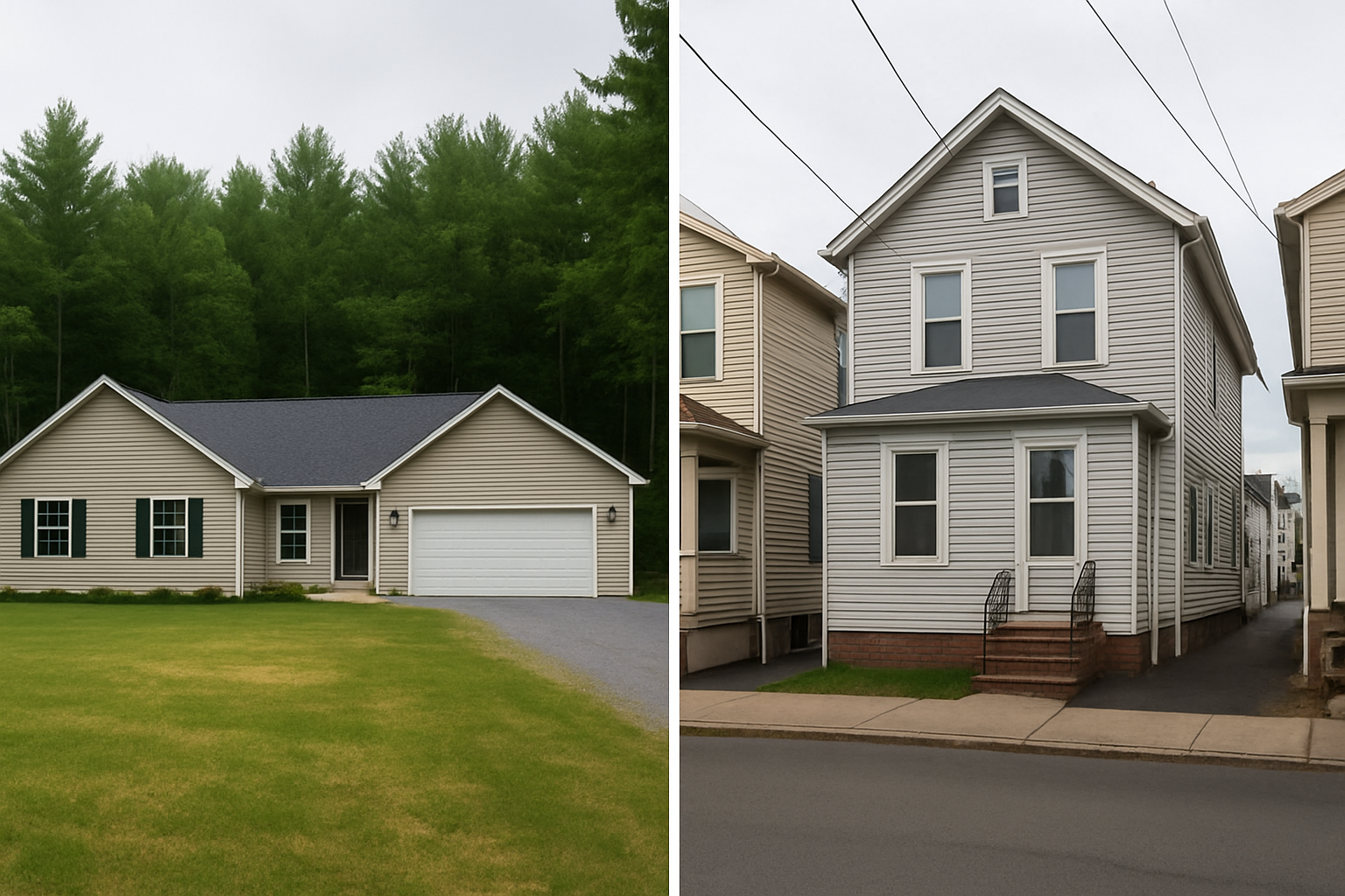 Side-by-side comparison of a rural home and an in-town home used to explain home buying considerations in Central Pennsylvania.
