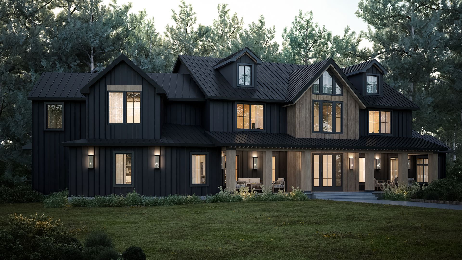 Black farmhouse with light wood accents, dormers, and a covered porch.