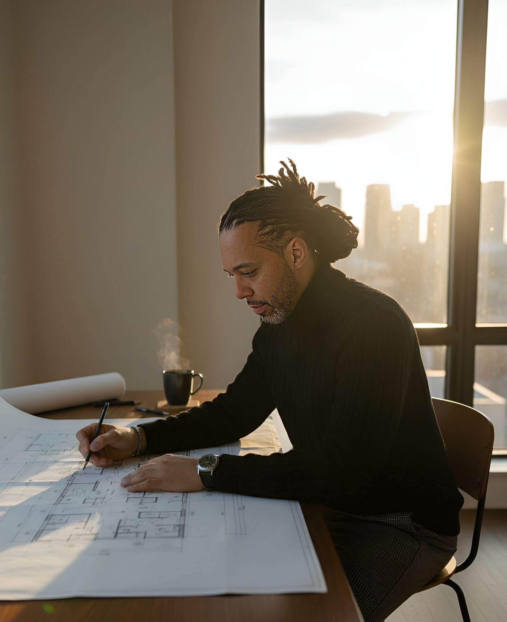 Man at desk, drawing on blueprints with pen, sunlight streaming through window.
