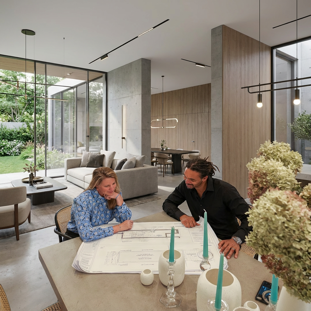 Two people reviewing blueprints at a table in a modern home, with a living and dining area visible.
