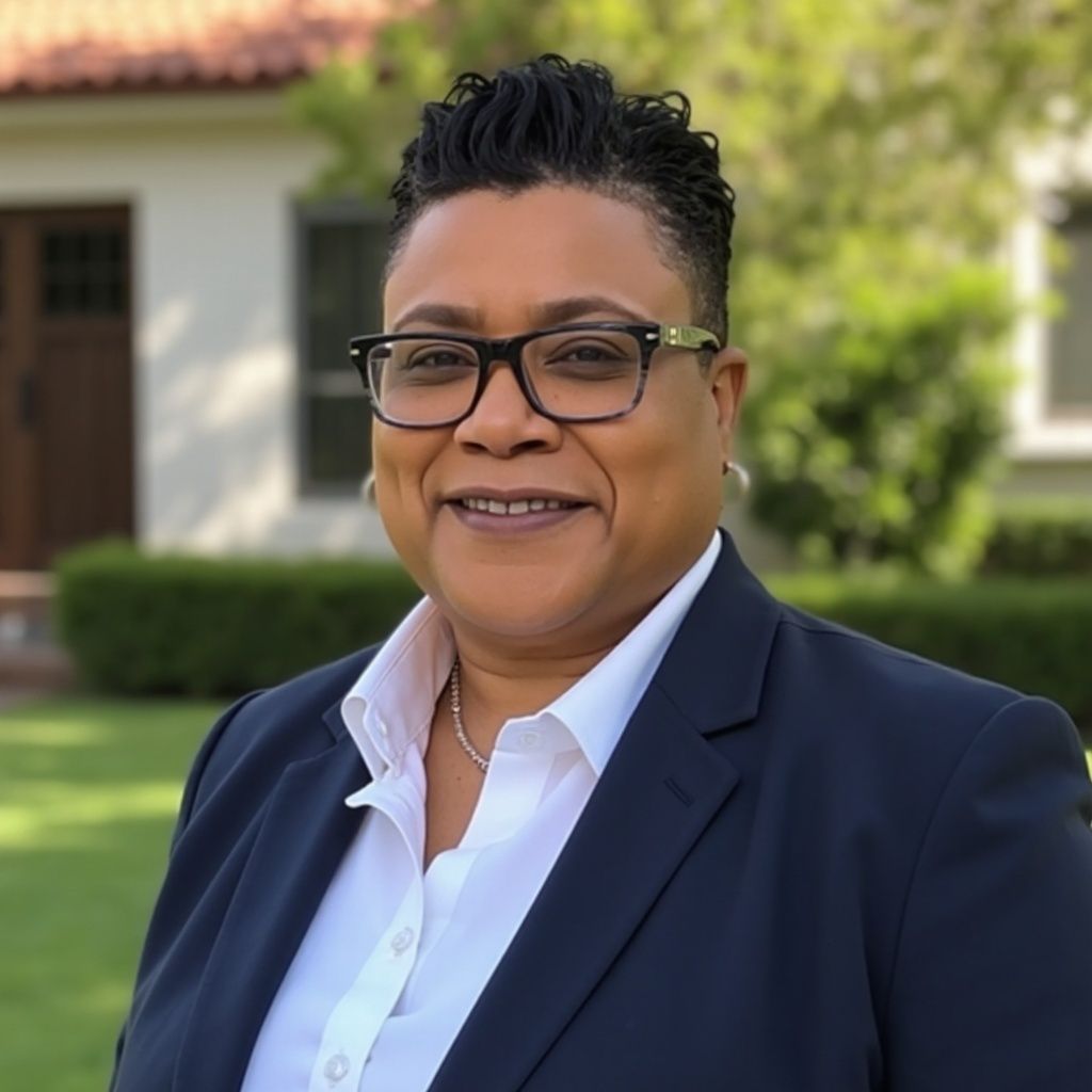 A woman is sitting at a desk with a laptop and a vase of flowers.
