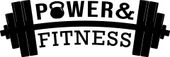 Black logo with the words "POWER & FITNESS" over an image of a barbell. A kettlebell is over the "O" in Power.
