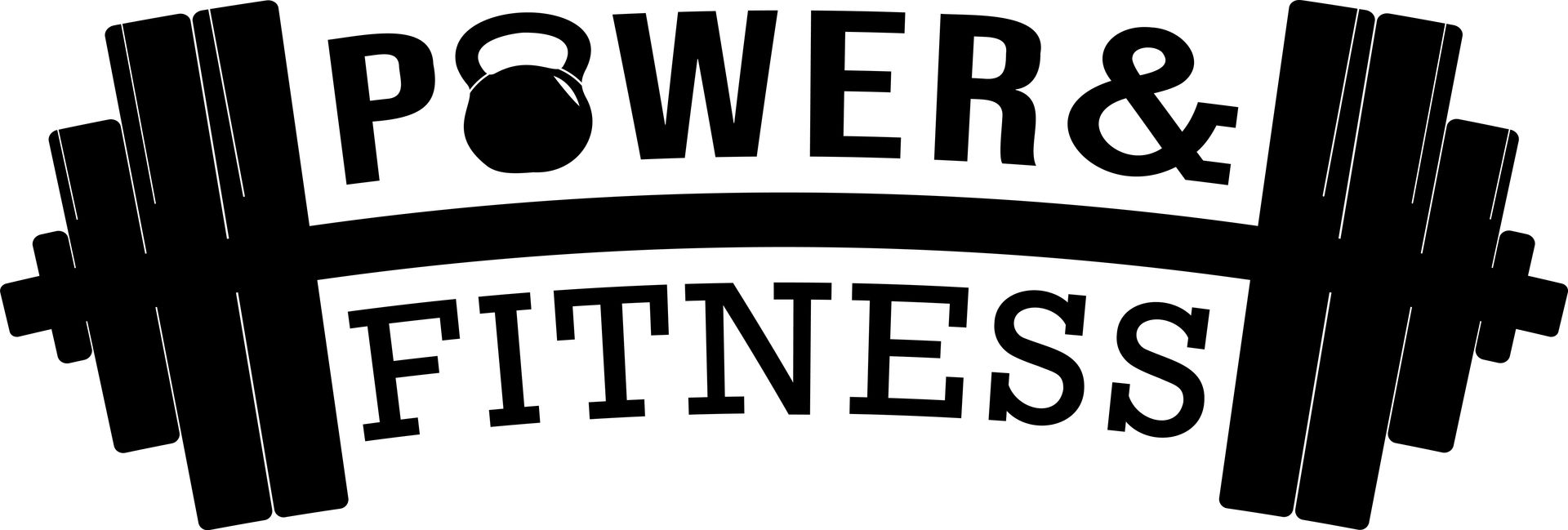 Black logo with the words "POWER & FITNESS" over an image of a barbell. A kettlebell is over the "O" in Power.