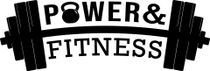 Black logo with the words "POWER & FITNESS" over an image of a barbell. A kettlebell is over the "O" in Power.