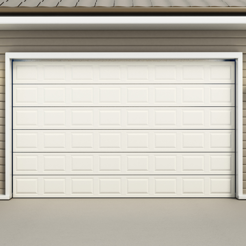 White paneled garage door framed in white.