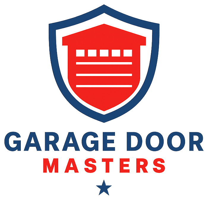 Logo: Red brick garage door with a diagonal white line, and