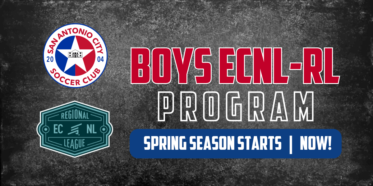 A poster for boys ECNL-RL program at San Antonio City Soccer Club