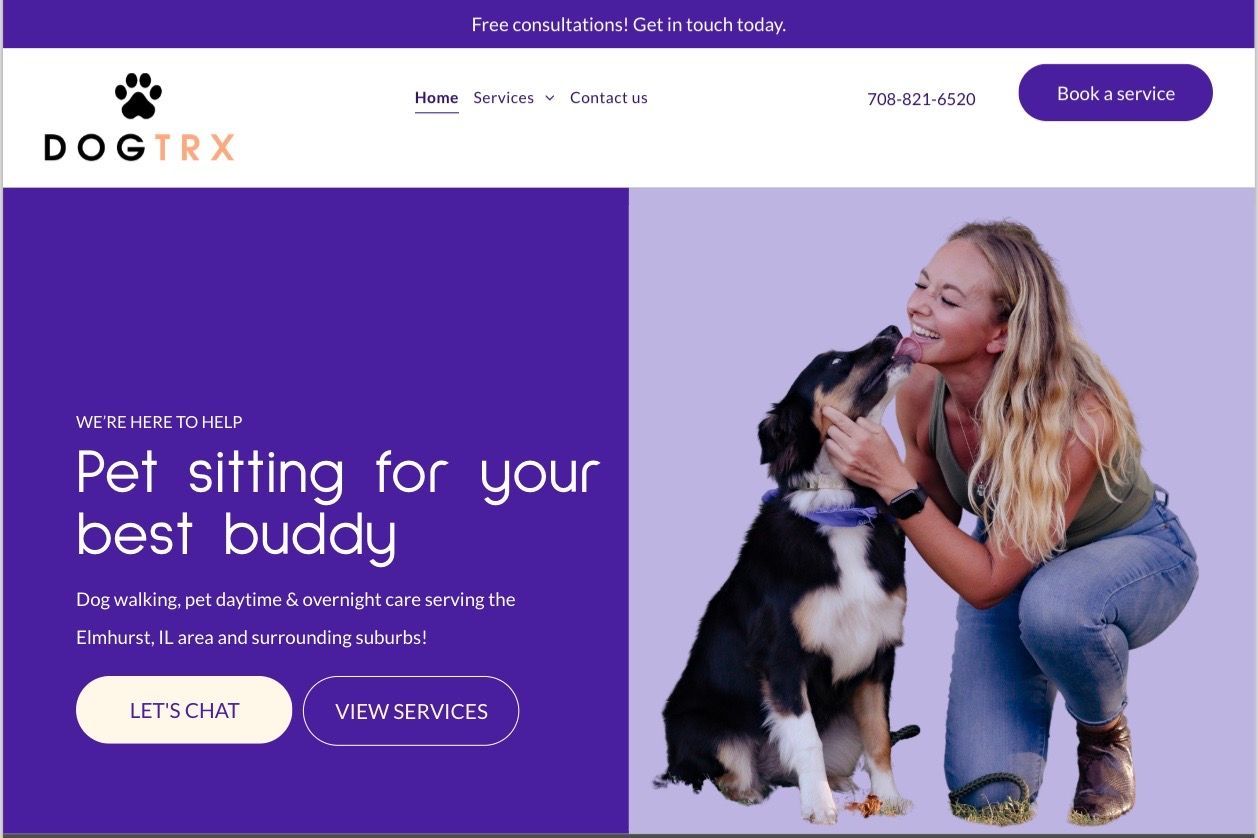 A woman is kneeling down next to a dog on a website.