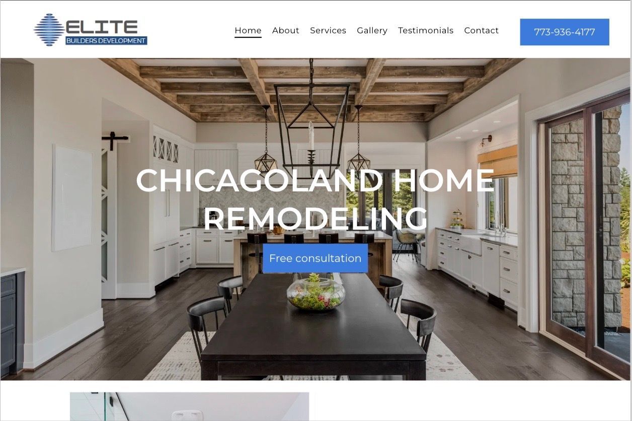 A chicagoland home remodeling website shows a dining room with a table and chairs.