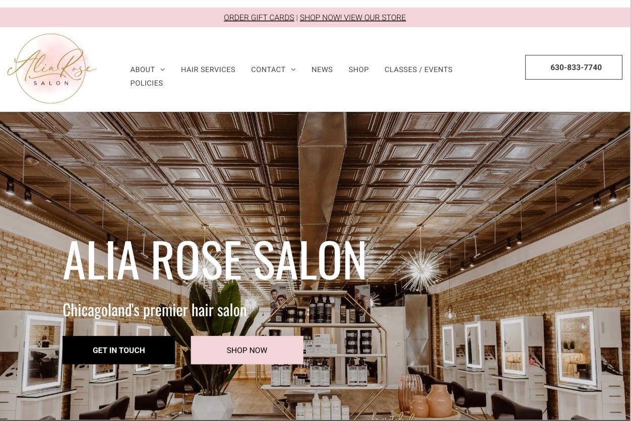 A screenshot of the website for alia rose salon.