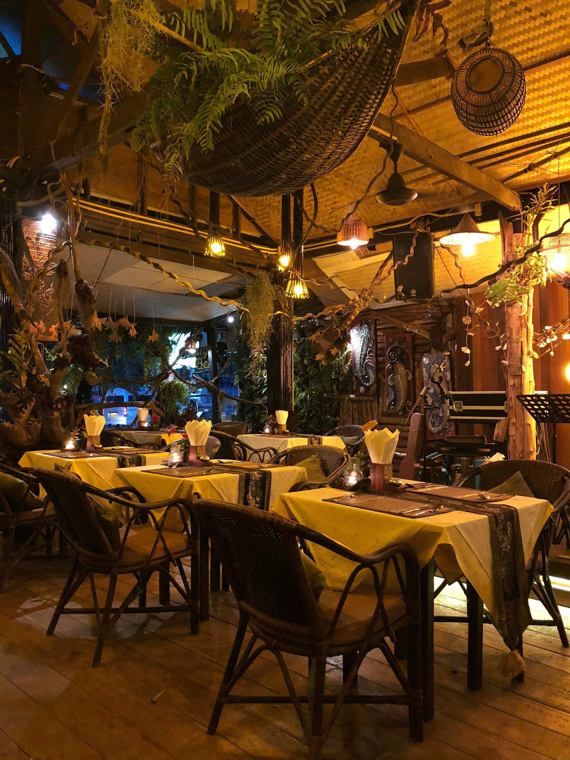 A restaurant with tables and chairs and a hammock hanging from the ceiling.