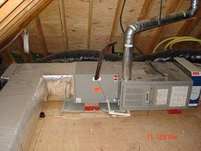 A picture of an air conditioner in an attic.