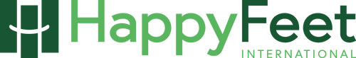 A green and white logo for happy feet international