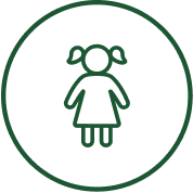 A girl with pigtails is in a green circle.