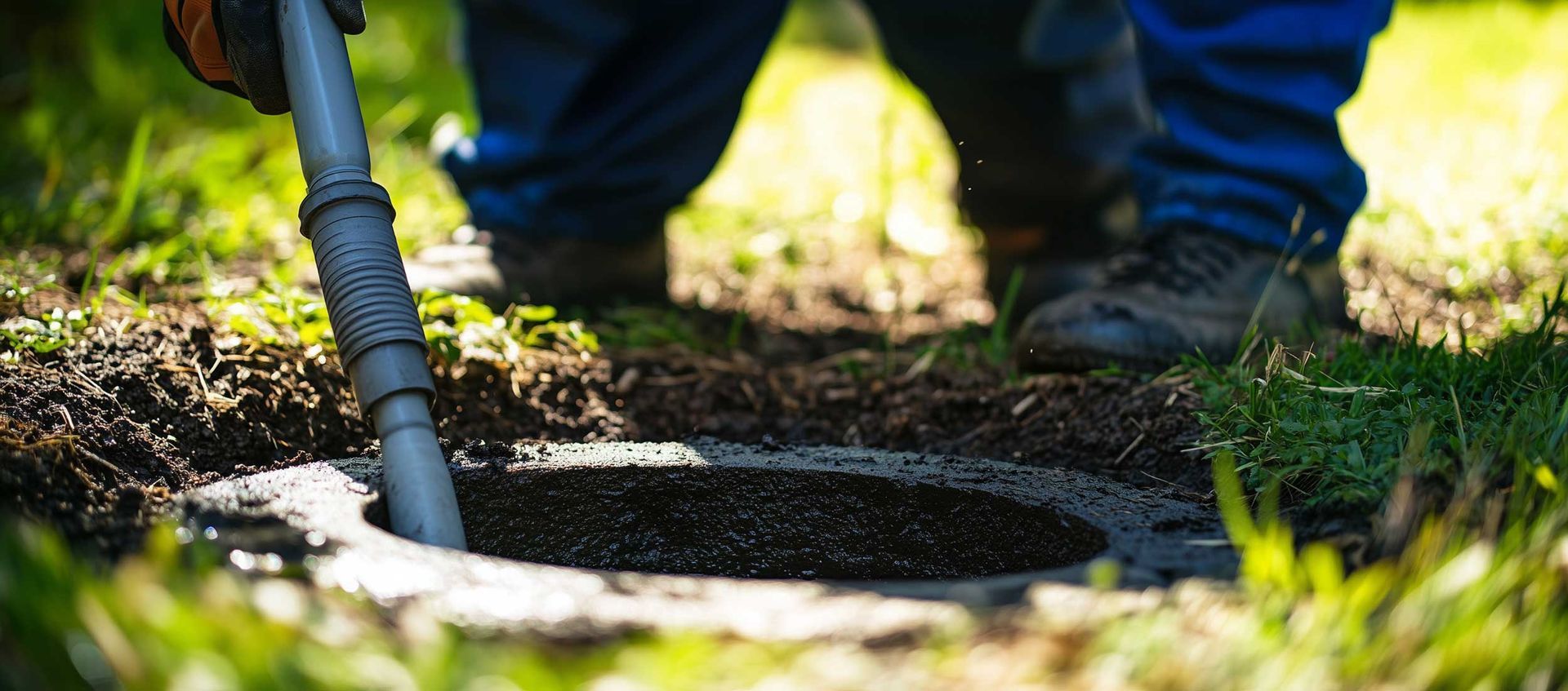 Septic tank technician pumping and cleaning a residential septic system with professional equipment.