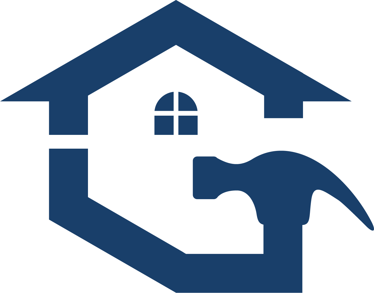 A blue house with a hammer inside of it.