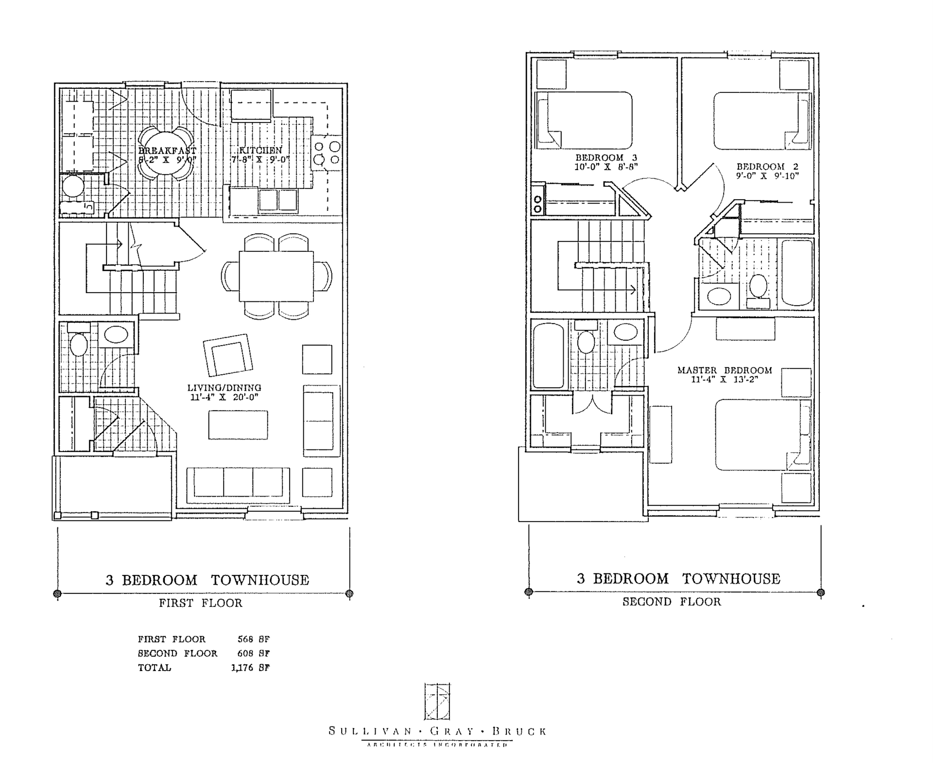 Floor plan of a 3-bedroom townhouse, showing first and second floors.