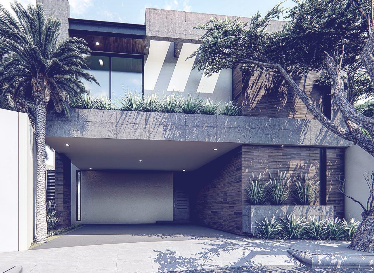 Casa moderna de dos plantas con garaje, fachada de piedra y zonas verdes. Palmeras y otros árboles enmarcan la fachada.