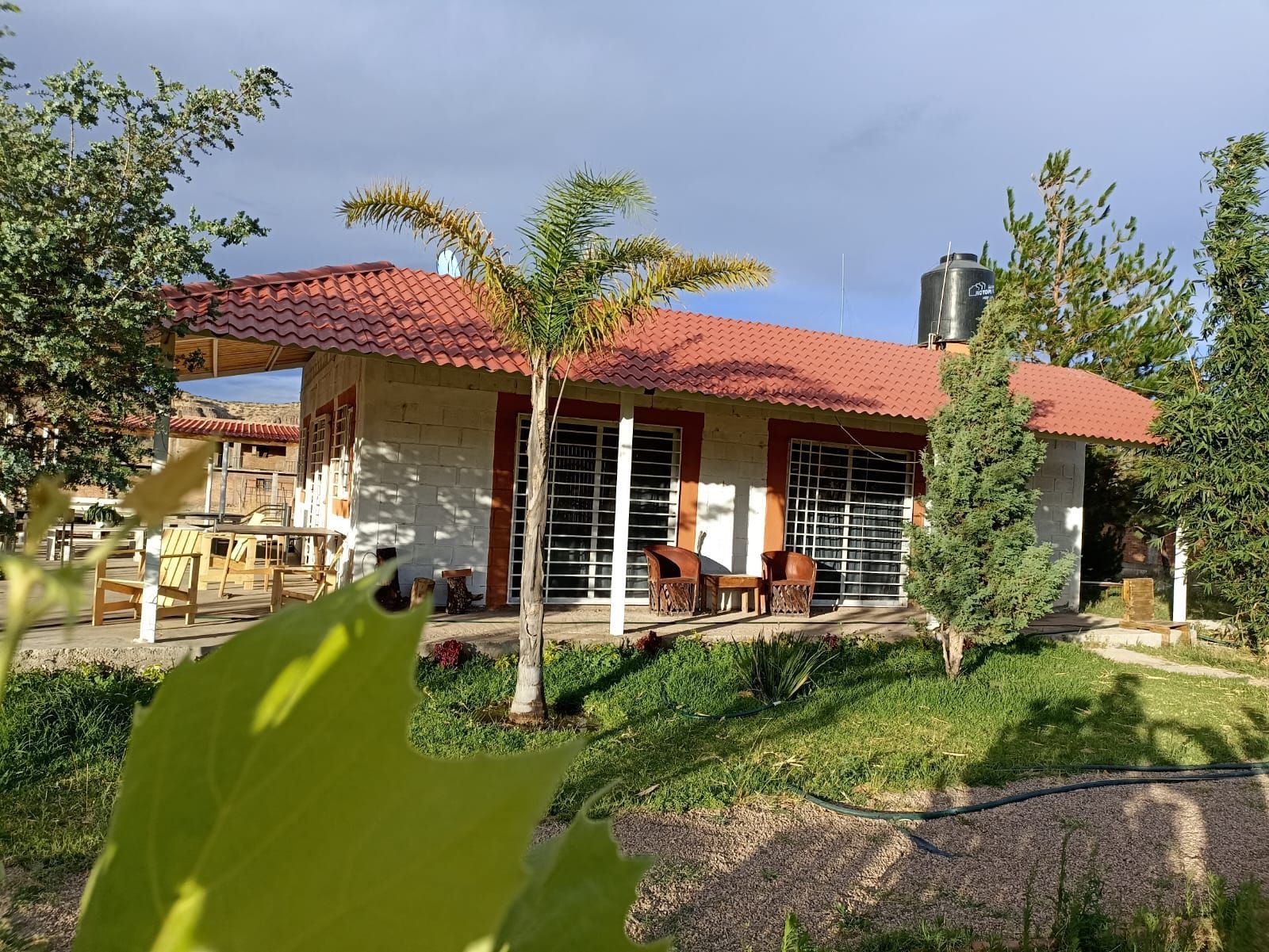 Cabaña con techo de tejas rojas, puertas de vidrio y tanque de agua, enclavada en un paisaje verde con árboles.
