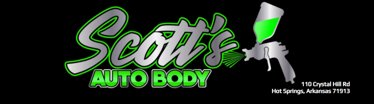 Scott’s Auto Body logo on a black background with a stylized spray gun and green paint splash.