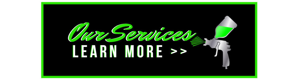 Black banner reading “Our Services” and “LEARN MORE >>” with a gray megaphone icon and green border