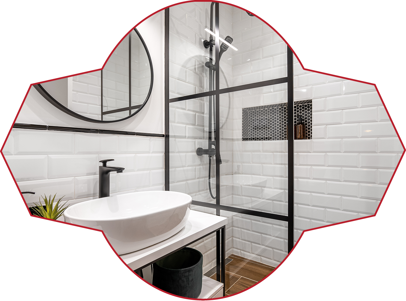 Bathroom With Black Shower, Round Mirror and Classic White Tiles