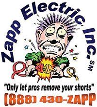 The logo for zapp electric inc. shows a cartoon of a man being electrocuted. | San Diego, CA | Zapp Electric Inc.