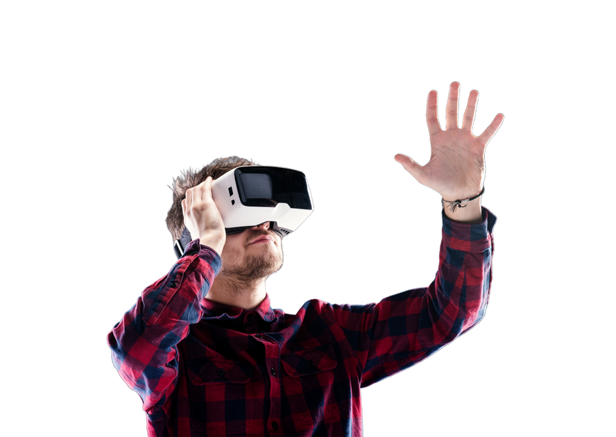 A man in a plaid shirt is wearing a virtual reality headset.