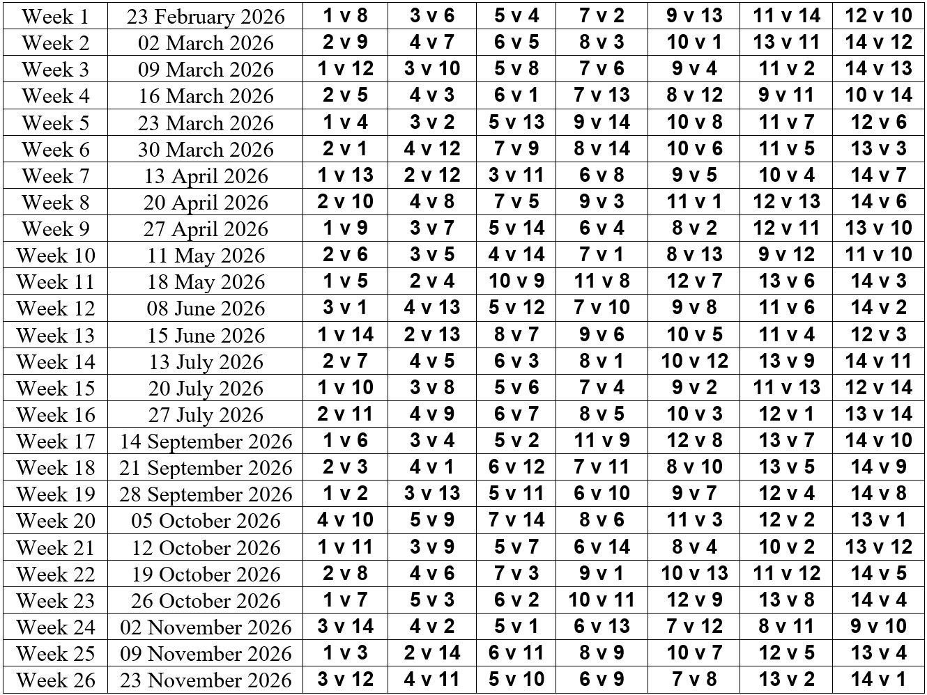SELPOOL Fixtures 2026