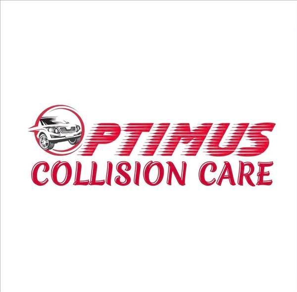 Optimus Collision Care logo: Red text with car graphic in circle.