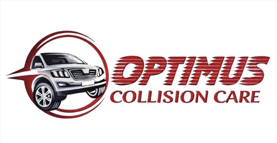 Optimus Collision Care logo: Red text with car graphic in circle.