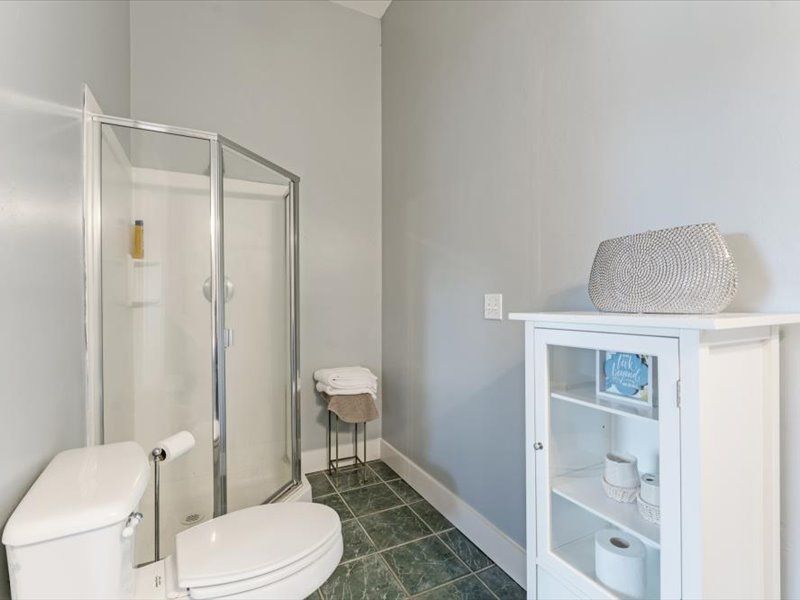 A bathroom with a toilet , shower , and cabinet.