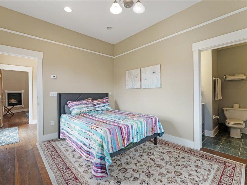 A bedroom with a bed , rug , toilet and bathroom.