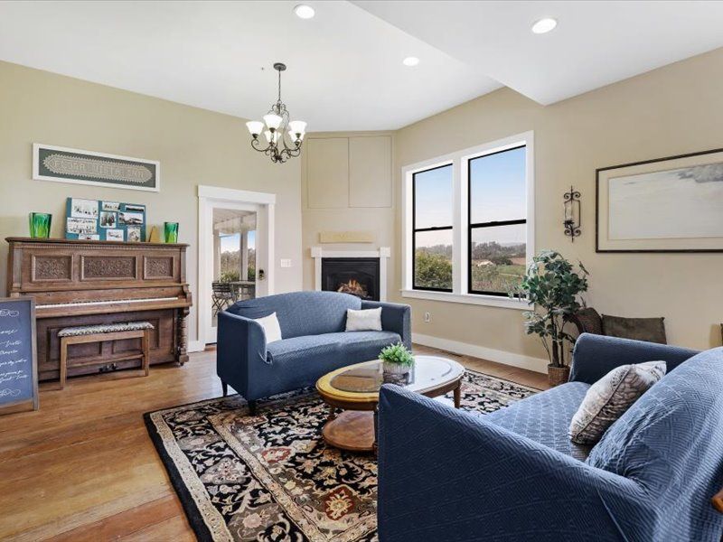 A living room with two couches and a piano