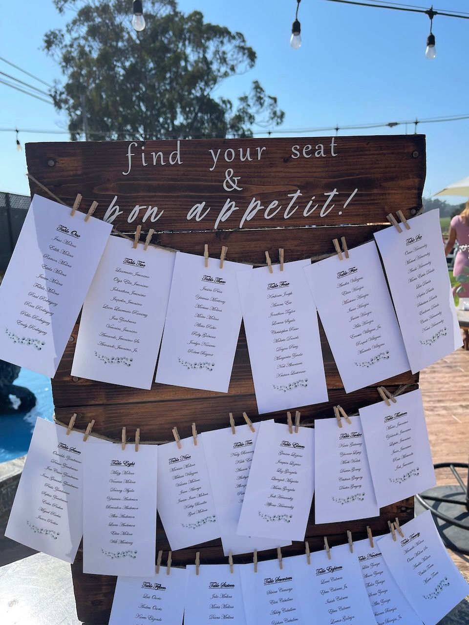 A wooden sign that says find your seat and bon appetit