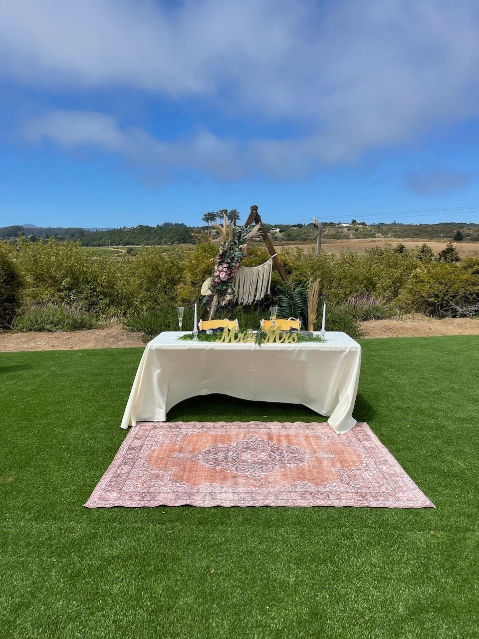 A table is sitting on top of a rug on a lush green field.