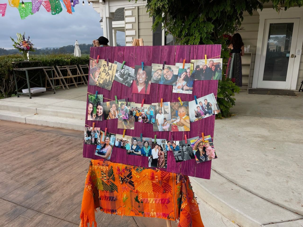 A purple board with a bunch of pictures on it