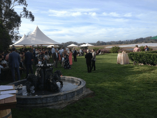 A group of people standing around a fountain in a field
