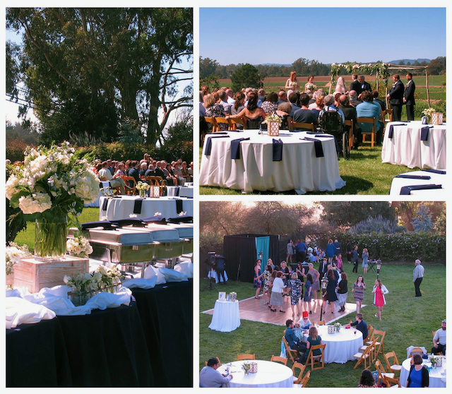 A collage of four pictures of a wedding reception