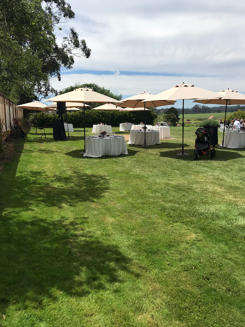 A lawn with tables and umbrellas in it