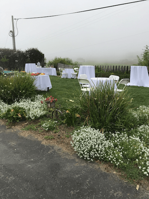 A lawn with tables and chairs set up for a wedding reception.